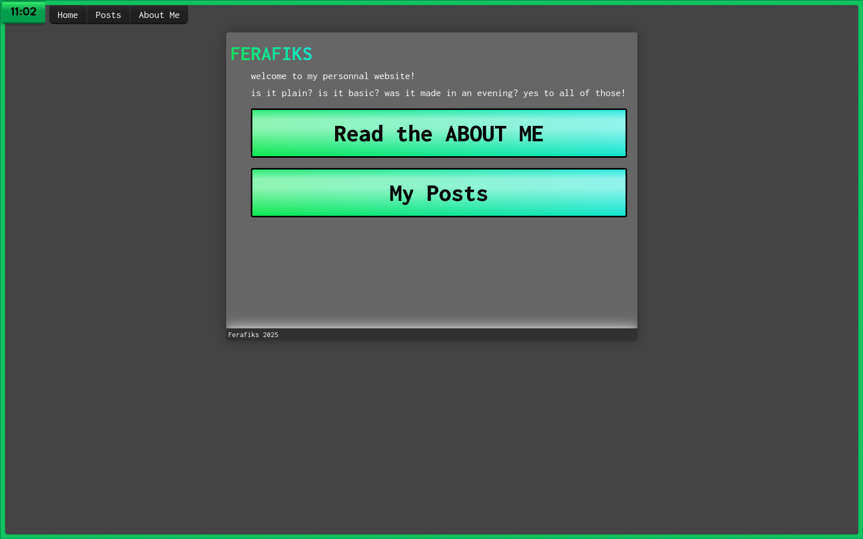 Picture of the home page on my desktop computer, with a floating clock in the gap between the left edge of the screen and the navigation bar